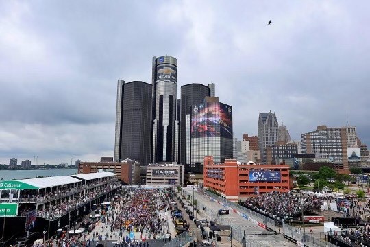 A view of the skyline and pit lane at Detroit in 2024