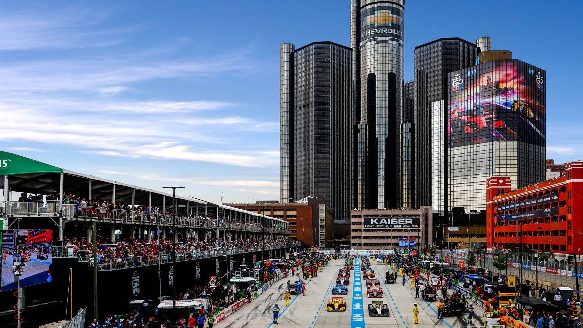 A view of the skyline and pit lane at Detroit in 2024